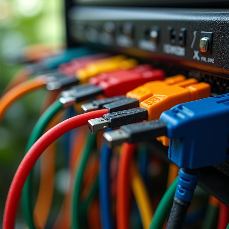 Abraçadeiras coloridas organizando os cabos do computador.