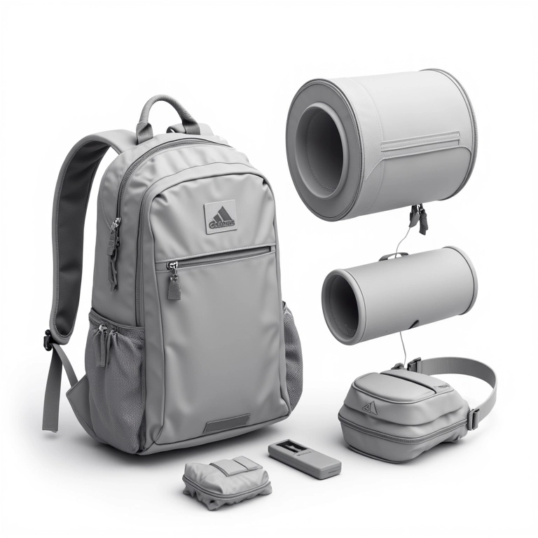 Acessórios modulares de mochila sendo conectados e desconectados.