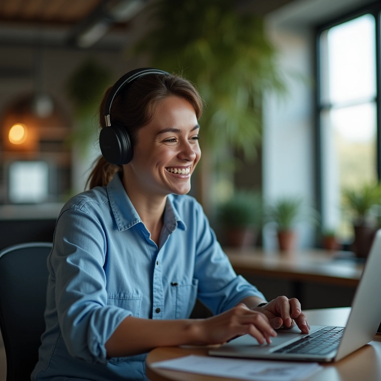 Agente de suporte sorrindo, auxiliando cliente com backorder de domínios.