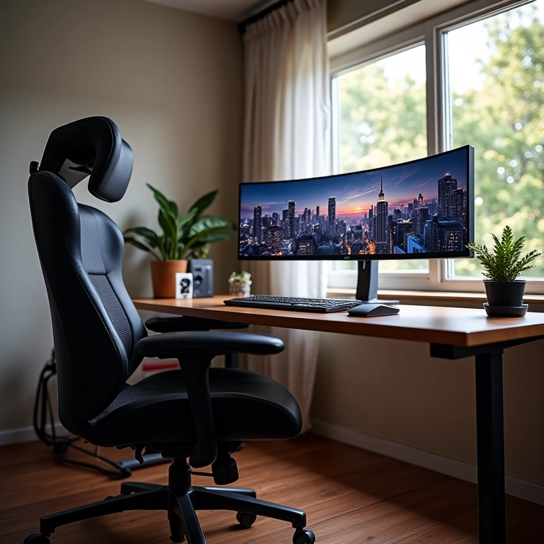 Ambiente de trabalho confortável com monitor ultrawide, cadeira ergonômica e iluminação natural.