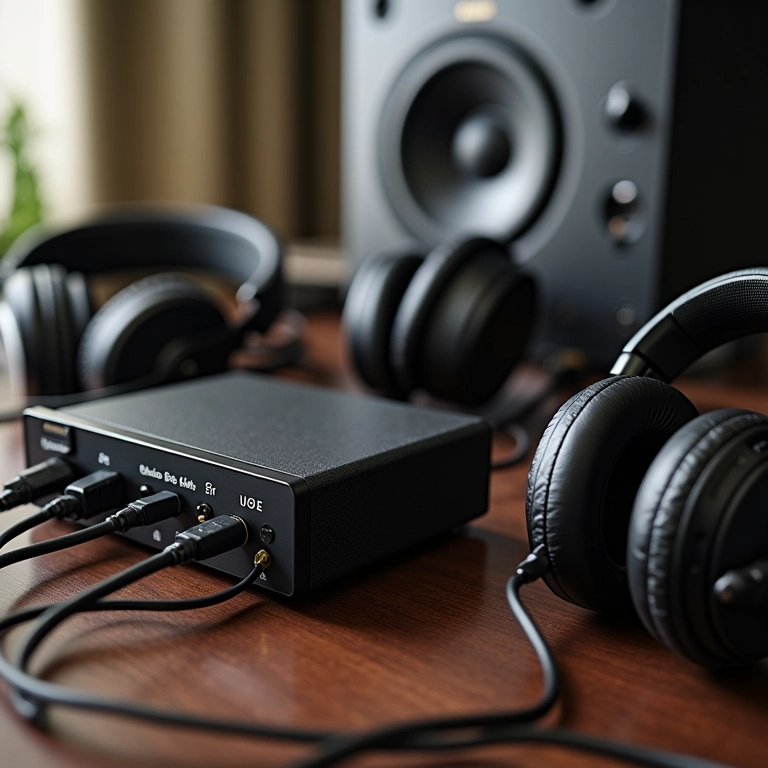 Amplificador de fone de ouvido potente com vários fones de ouvido de alta qualidade conectados.