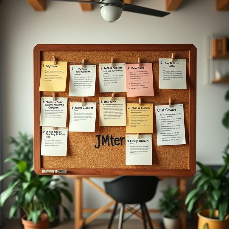 Anotações com lembretes importantes sobre o JMeter em um quadro de cortiça em um escritório acolhedor.