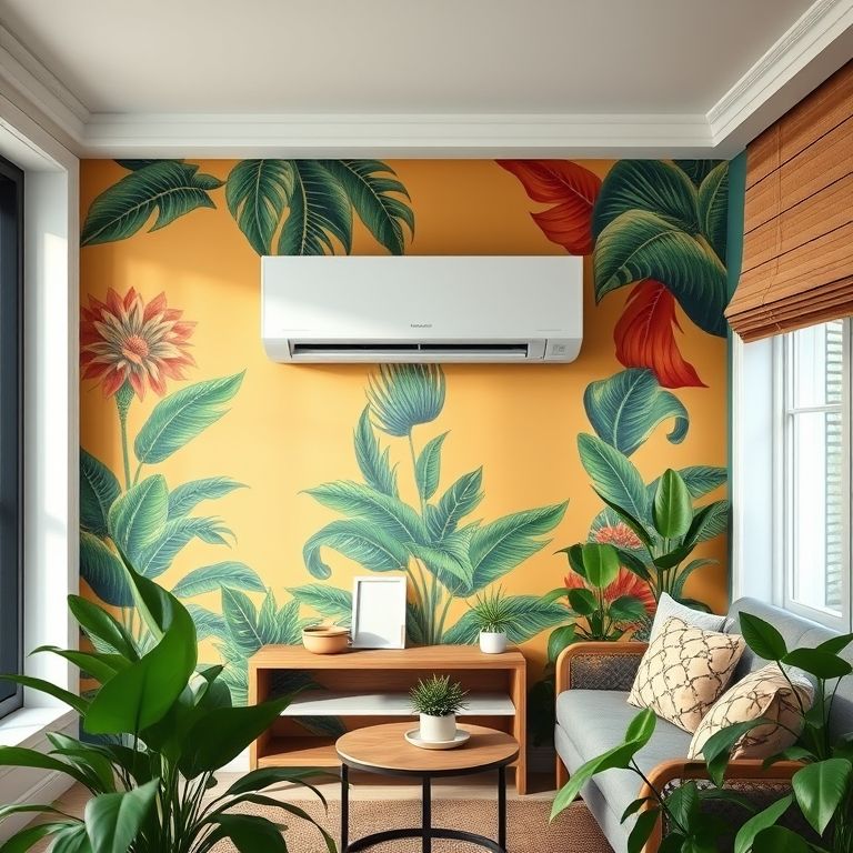 Ar condicionado split instalado em sala de estar vibrante.
