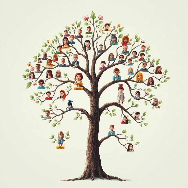 Árvore genealógica representando uma estrutura de árvore, com diversos membros da família.