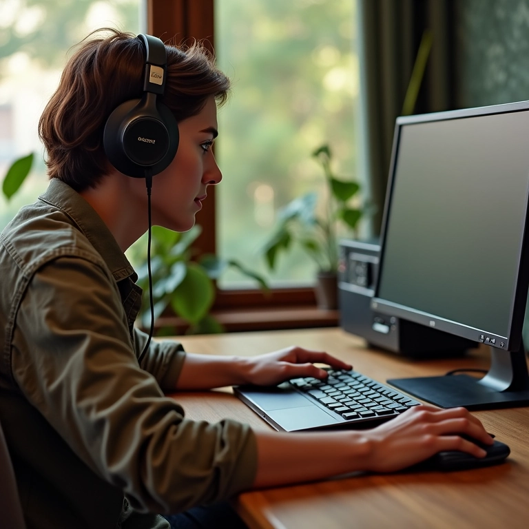Audiófilo ouvindo música com fones sem fio conectados a um PC via DAC.