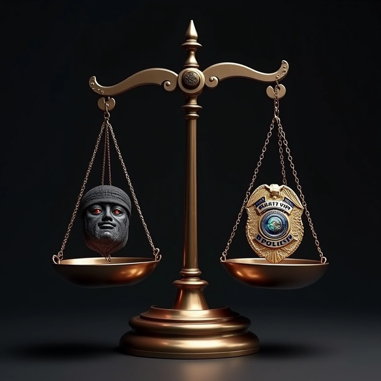 Balança da justiça desequilibrada, com ícone da dark web de um lado e distintivo de polícia do outro.