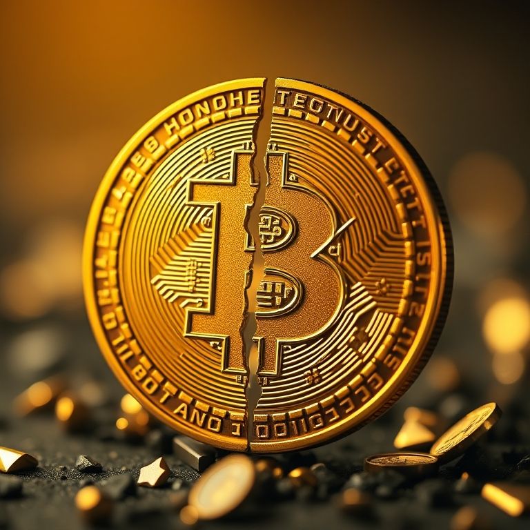 Bitcoin dourado se dividindo ao meio, representando o halving.