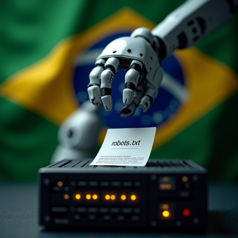 Braço robótico colocando arquivo 'robots.txt' em servidor.