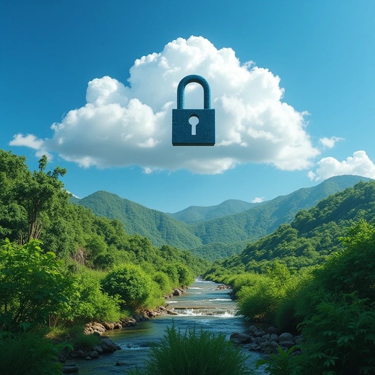 Cadeado digital simbolizando segurança de dados em nuvem com paisagem brasileira ao fundo.