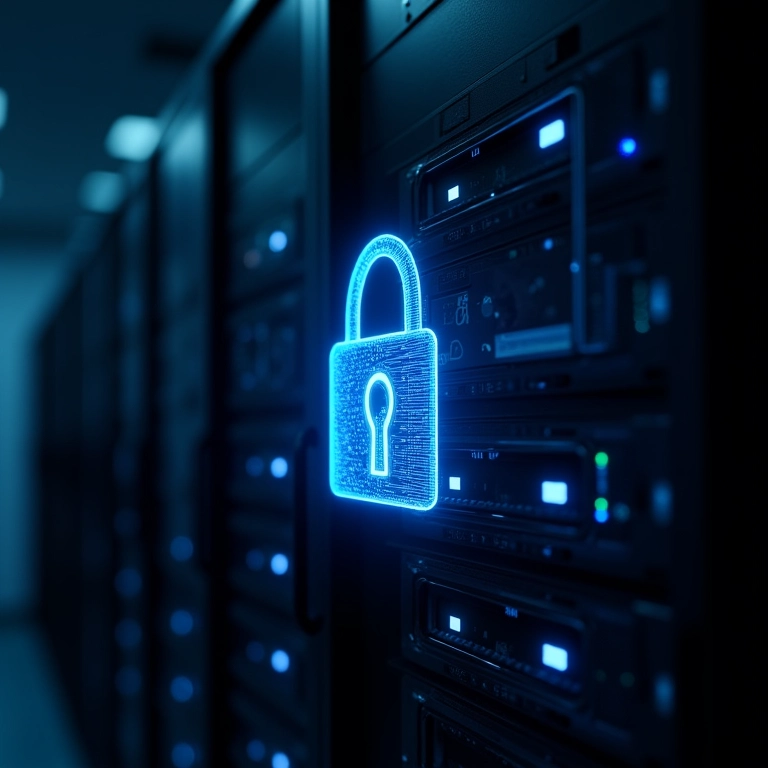 Cadeado digital sobreposto a um rack de servidores, representando a segurança.
