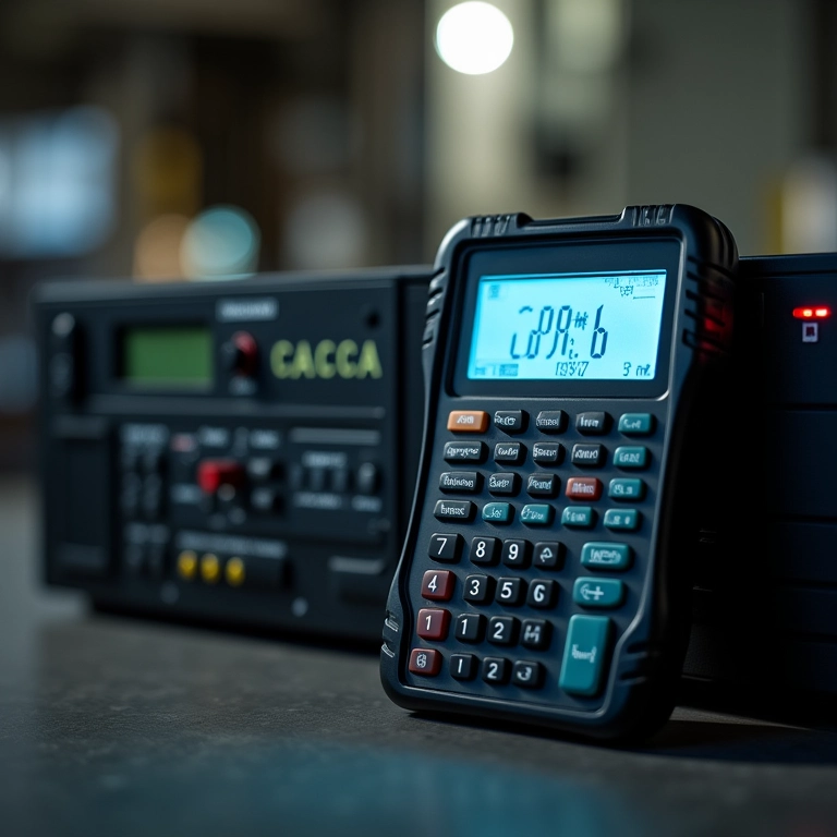 Calculadora ao lado de uma fonte de alimentação, calculando a potência necessária.