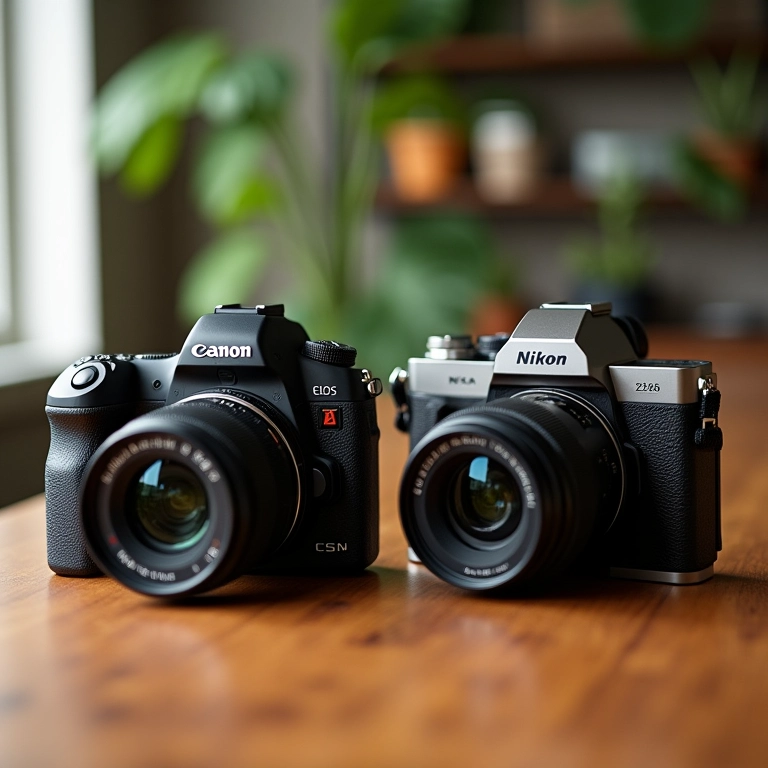 Câmeras DSLR Canon EOS R100 e Nikon Z30 lado a lado para análise.