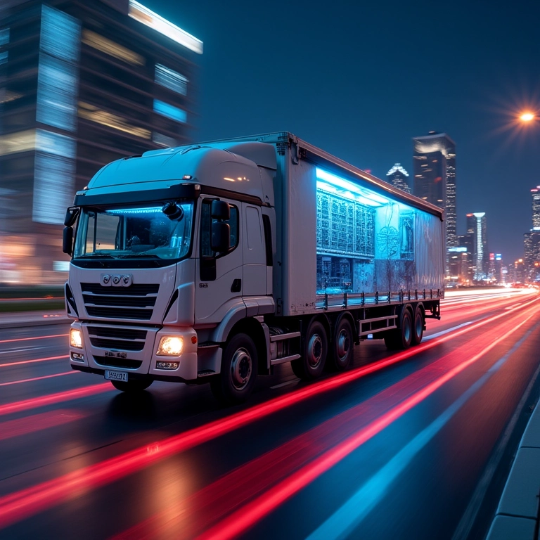 Caminhão de entrega rápida com servidores, representando entregas rápidas.