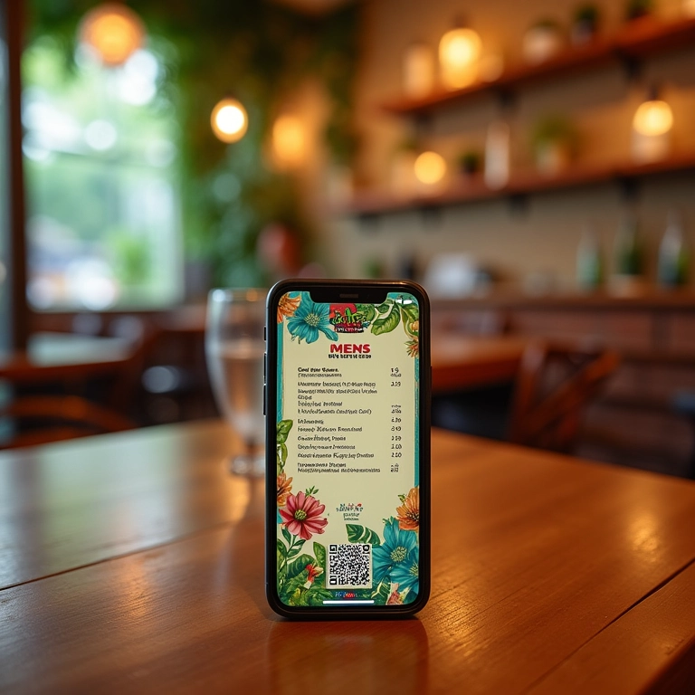 Cardápio digital acessado por QR code em restaurante.