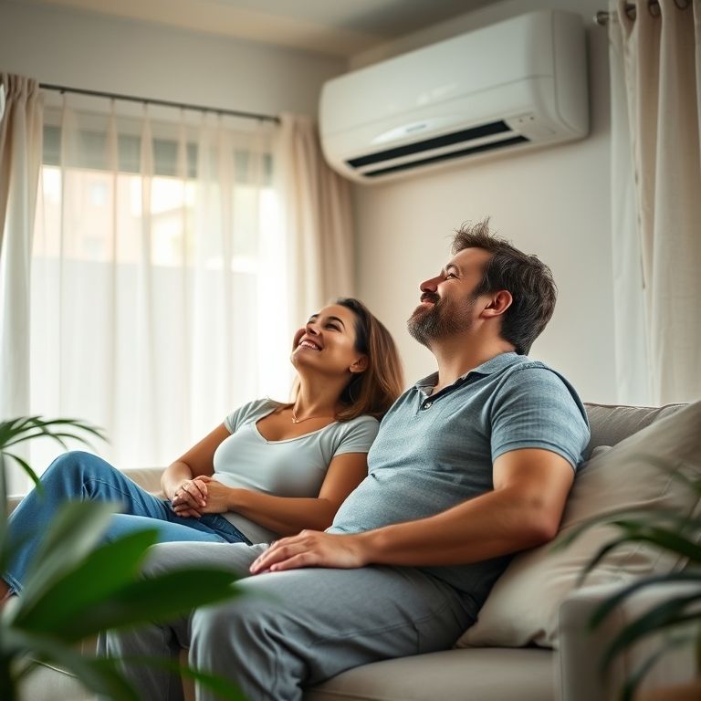 Casal relaxando em casa com ar condicionado.