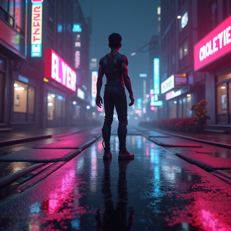 Cena de Cyberpunk 2077 com ray tracing, luzes neon refletindo no asfalto molhado.