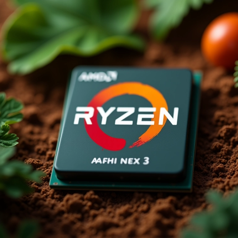 Chip AMD Ryzen com gráficos RDNA 3 em close-up.