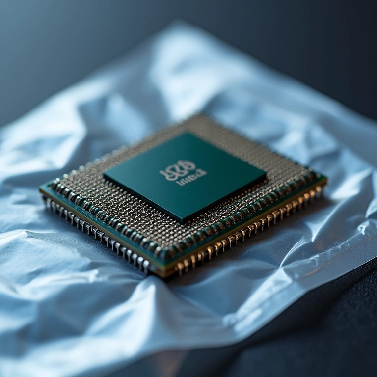 Chip Cyrix 6x86 com pinos danificados sobre embalagem antiestática.