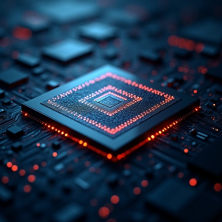 Chip de CPU moderno com padrões complexos, refletindo a luz.