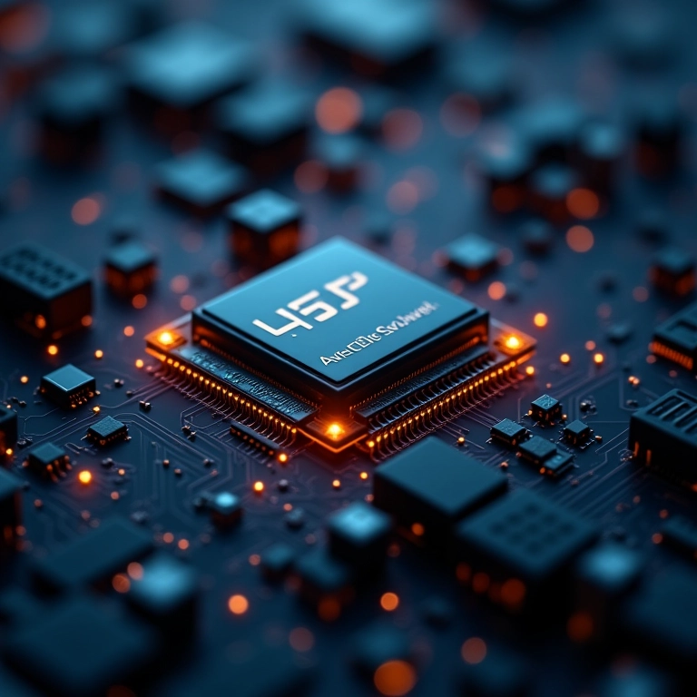 Chip DSP avançado integrado a uma unidade DAC, mostrando sua complexidade.