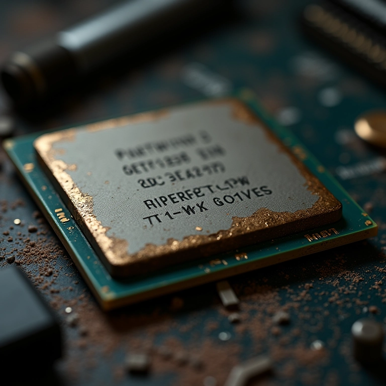 Chip Intel Pentium 4 Prescott enferrujado em bancada.