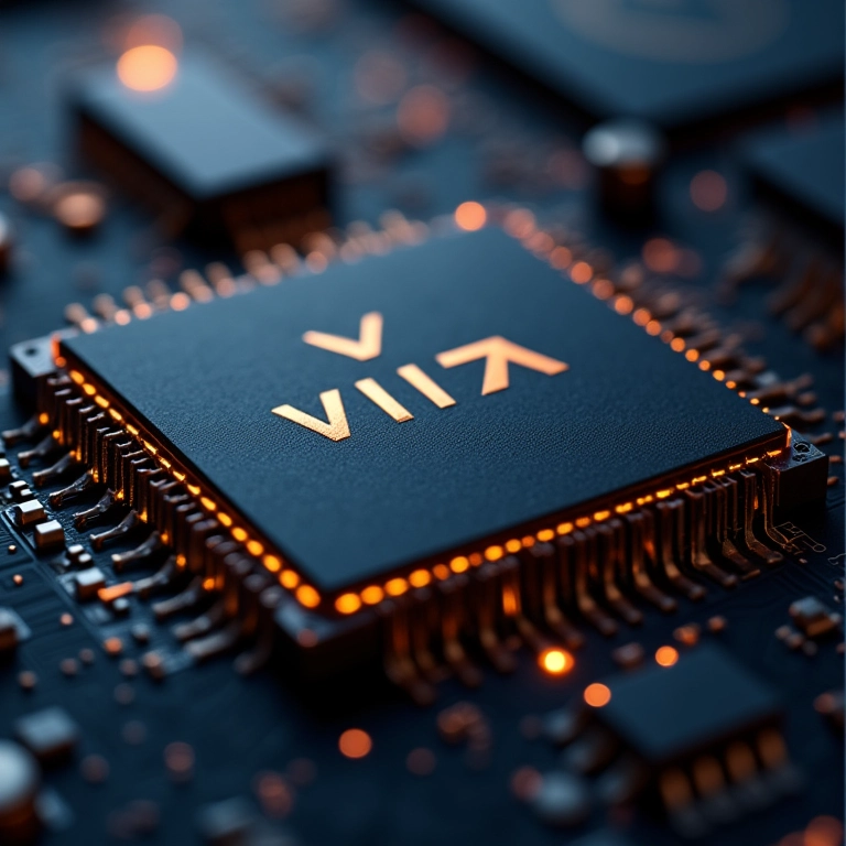 Chip VIA C7 em close-up, mostrando detalhes da superfície.