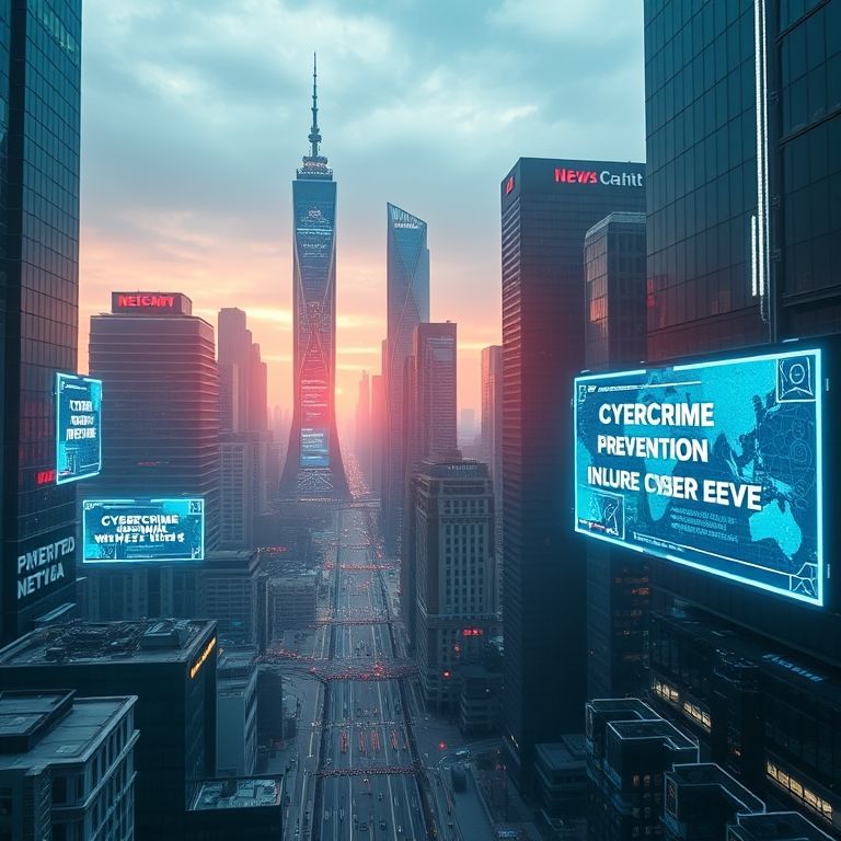 Cidade futurística com notícias sobre combate ao cibercrime.