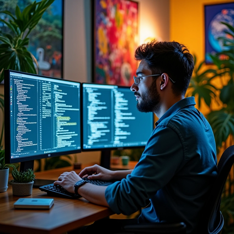 Cientista de dados trabalhando em setup moderno com arte brasileira.