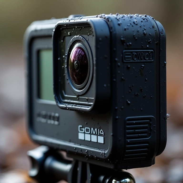 Close-up da GoPro Hero 14 Black mostrando design robusto e à prova d'água.