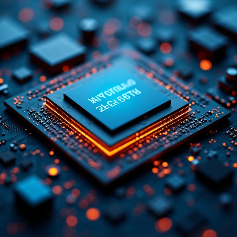 Close-up de um CPU mostrando os chips de memória cache.