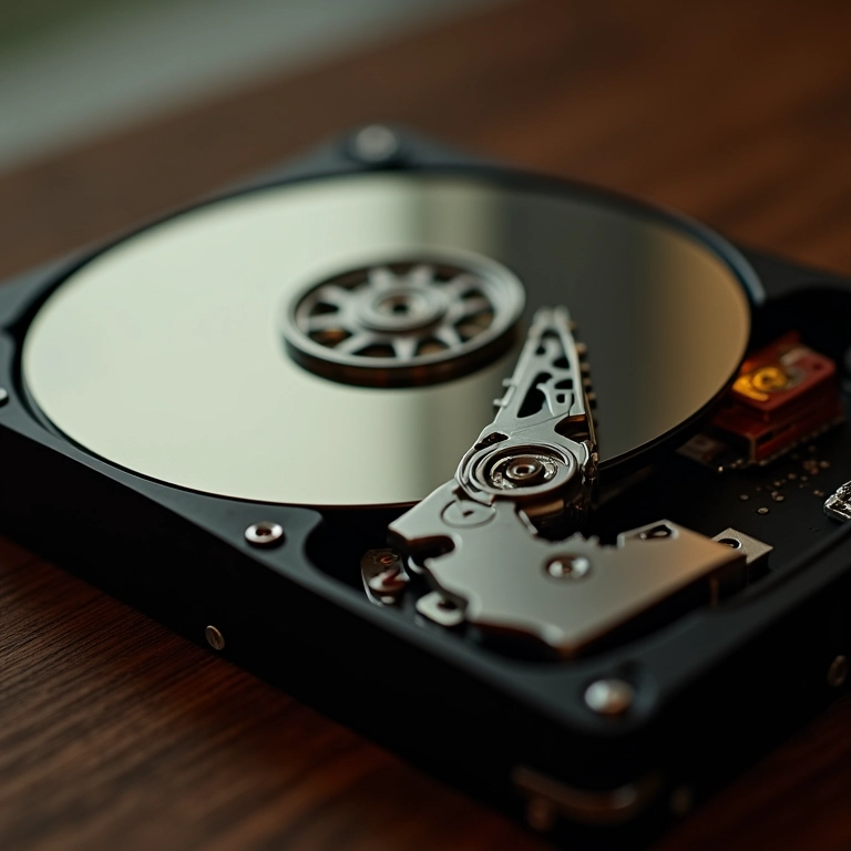 Close-up de um HD clássico, mostrando seus componentes internos e a tecnologia tradicional.