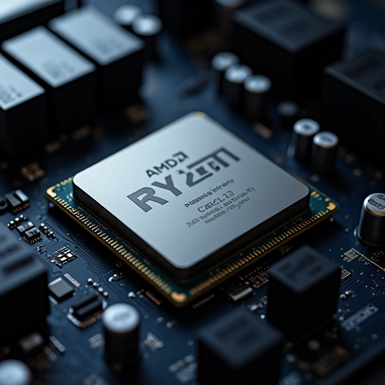 Close-up de um processador de computador moderno, destacando a tecnologia e o poder de processamento.