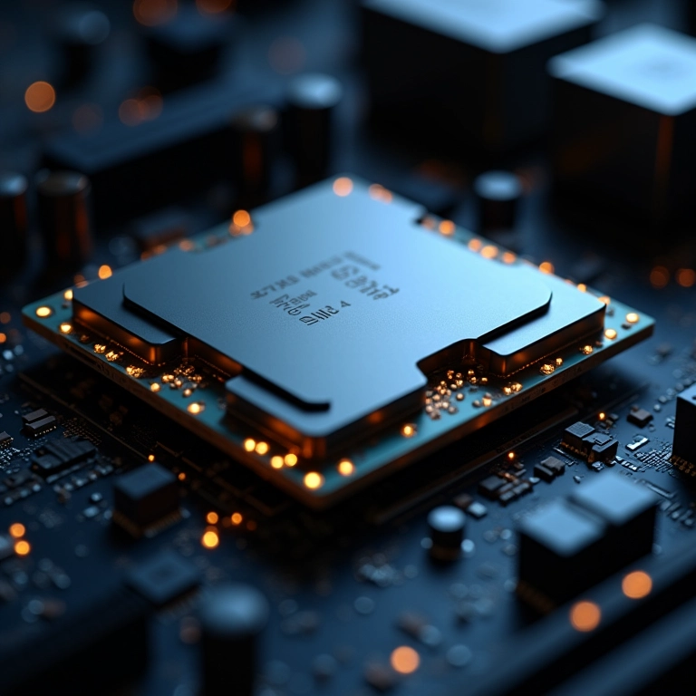 Close-up de um processador de última geração instalado na placa-mãe.