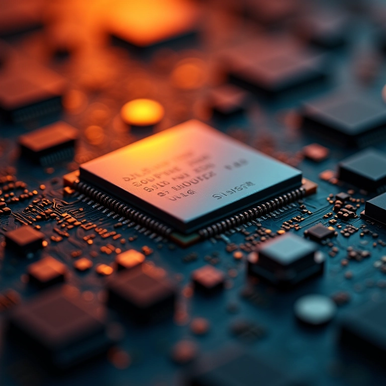 Close-up de um processador moderno com detalhes intrincados.