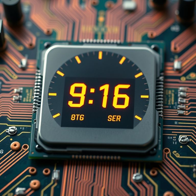 Close-up de um processador mostrando a velocidade do clock e núcleos.