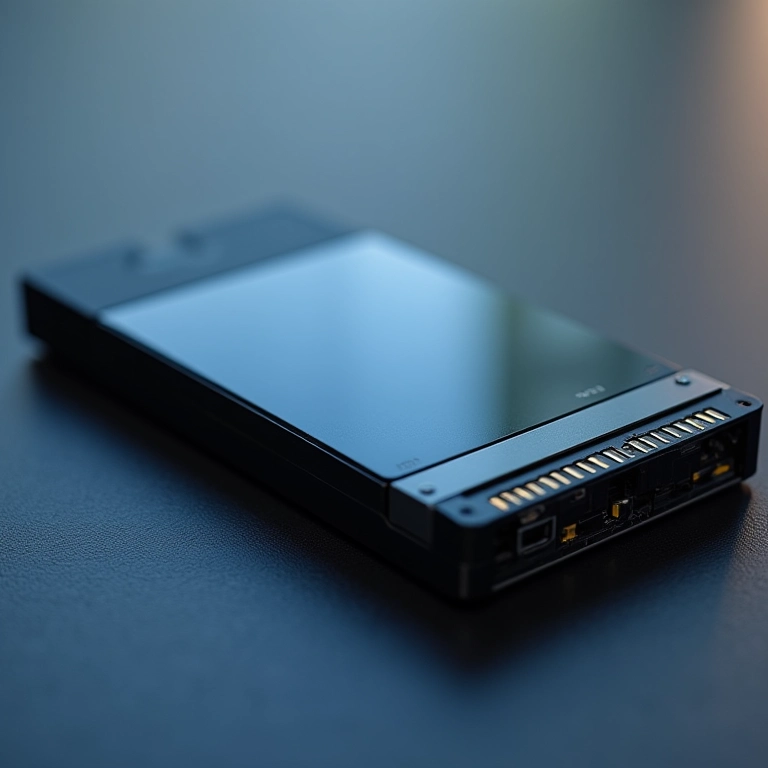 Close-up de um SSD moderno, mostrando seu design elegante e a evolução da tecnologia de armazenamento.