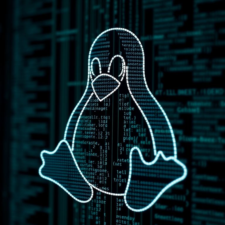 Close-up do pinguim Linux feito de linhas de código, com iluminação neon.