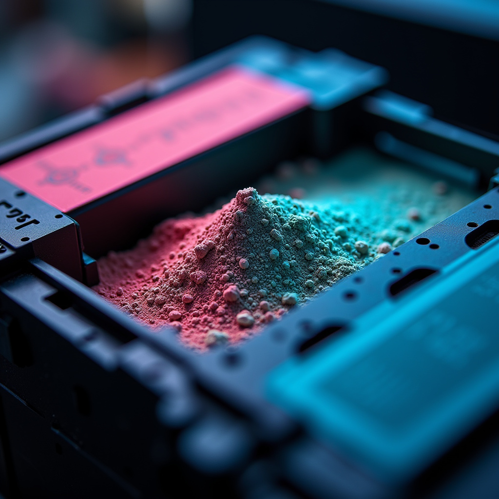 Close-up of laser printer toner cartridge, vibrant colors, sharp focus, professional photography, Cartucho de toner para impressora laser com pó colorido visível.