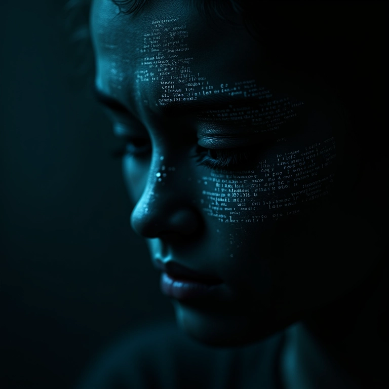 Código de algoritmo formando um rosto sombrio, representando o uso algorítmico de dados.