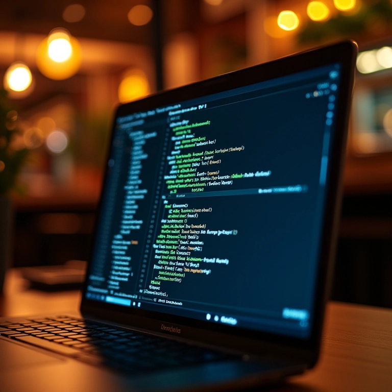 Código PHP 8.2 brilhando em tela de laptop, com café brasileiro vibrante ao fundo.