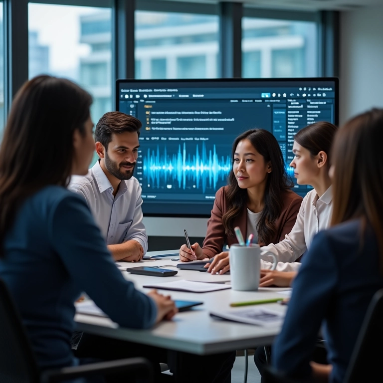 Colaboradores diversos usando software de transcrição de áudio com IA.