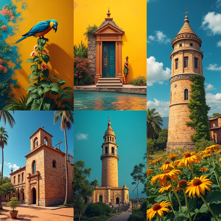 Colagem de arte, natureza e arquitetura brasileiras inspirando paletas de cores.