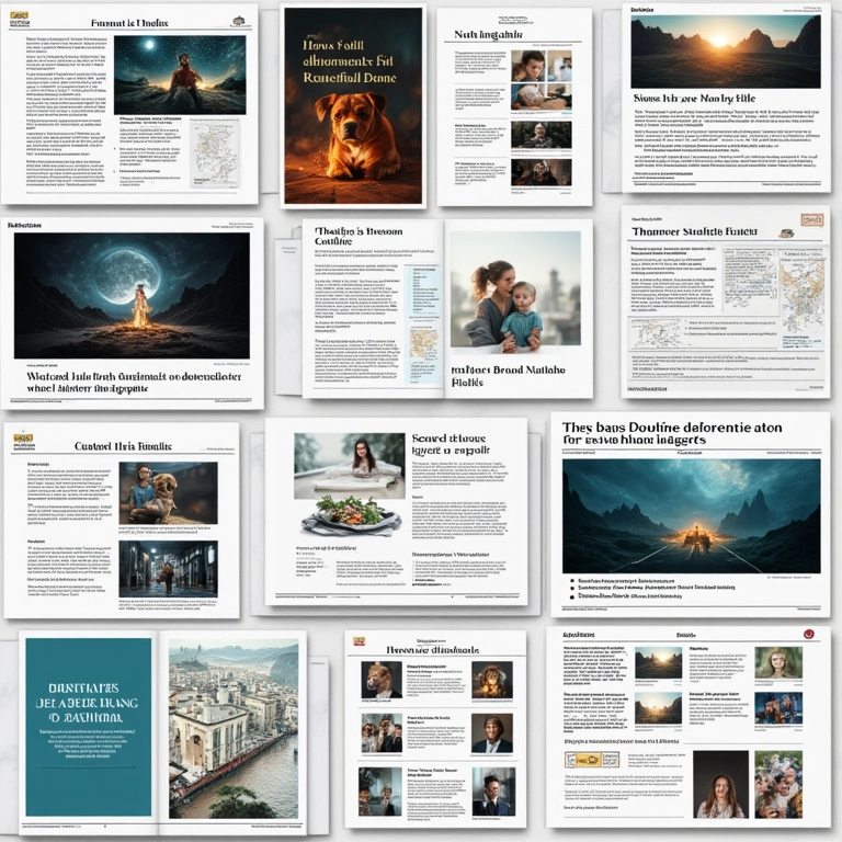 Colagem de formatos de conteúdo: texto, imagem, vídeo.