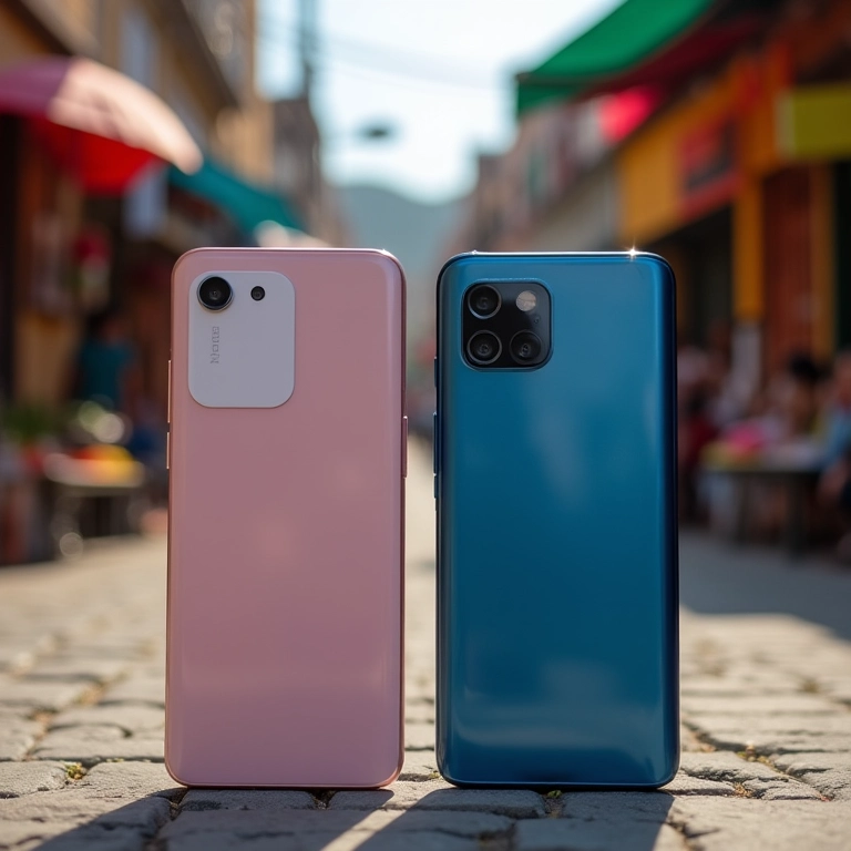 Comparativo dos celulares Google Pixel 8a e Samsung A56 em um mercado de rua vibrante no Brasil.