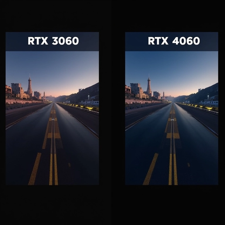 Comparativo visual entre RTX 3060 e RTX 4060 em um teste de benchmark.