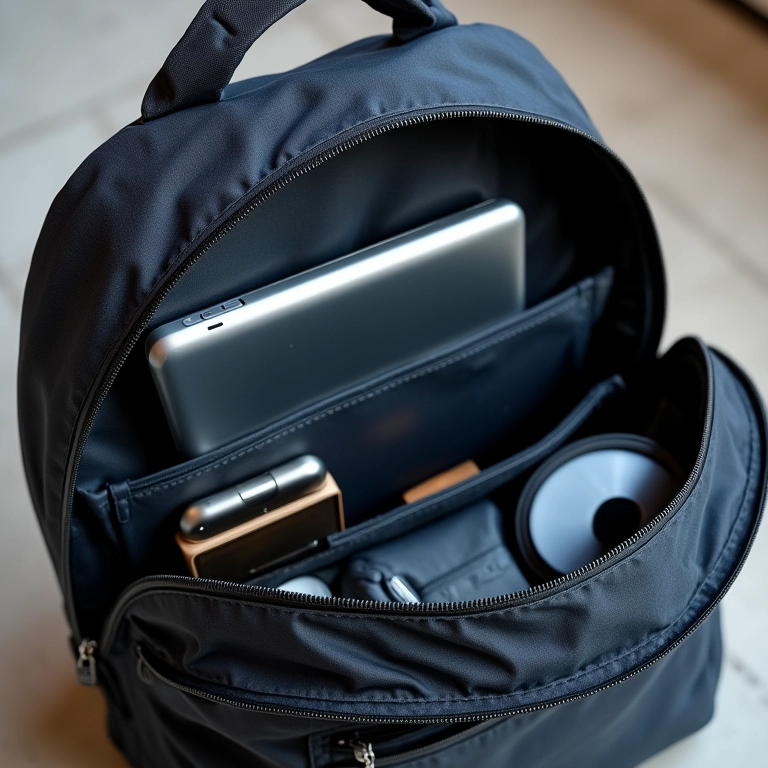 Compartimentos de mochila organizados com laptop, tablet e acessórios.