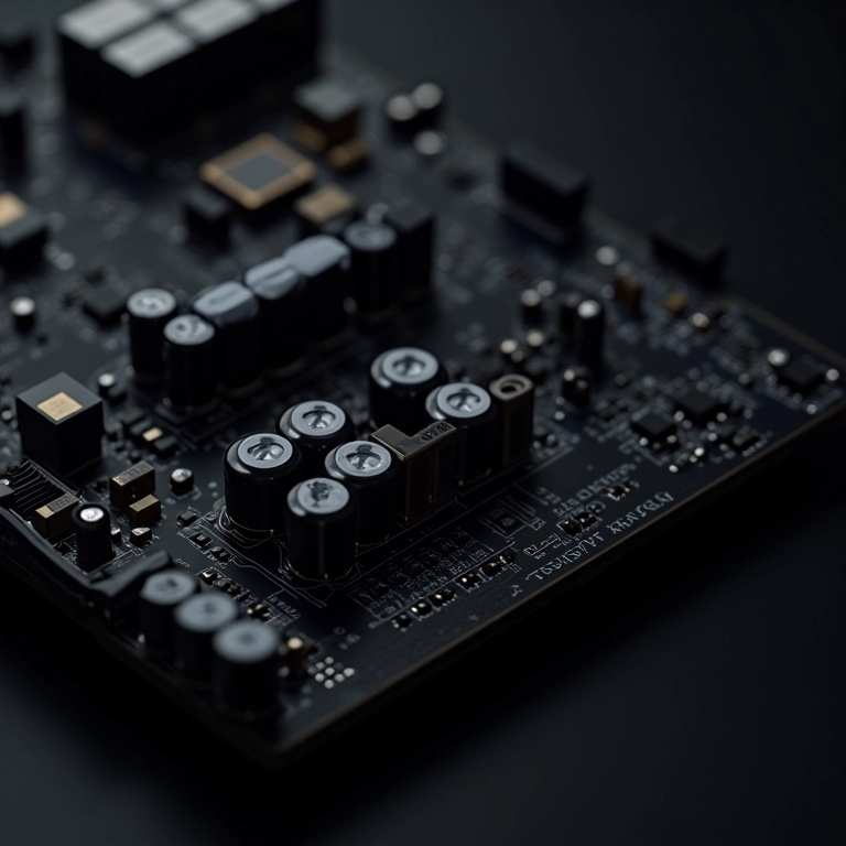 Componentes de alta qualidade do VRM de uma placa mãe, mostrando capacitores e bobinas.