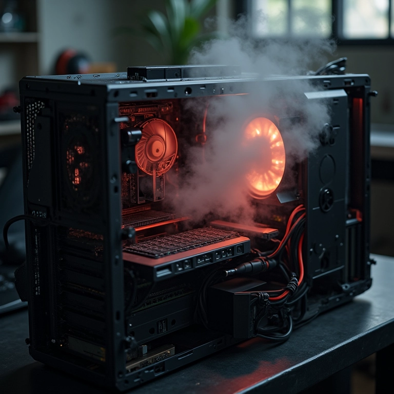 Componentes internos de um PC superaquecido com acúmulo de poeira.