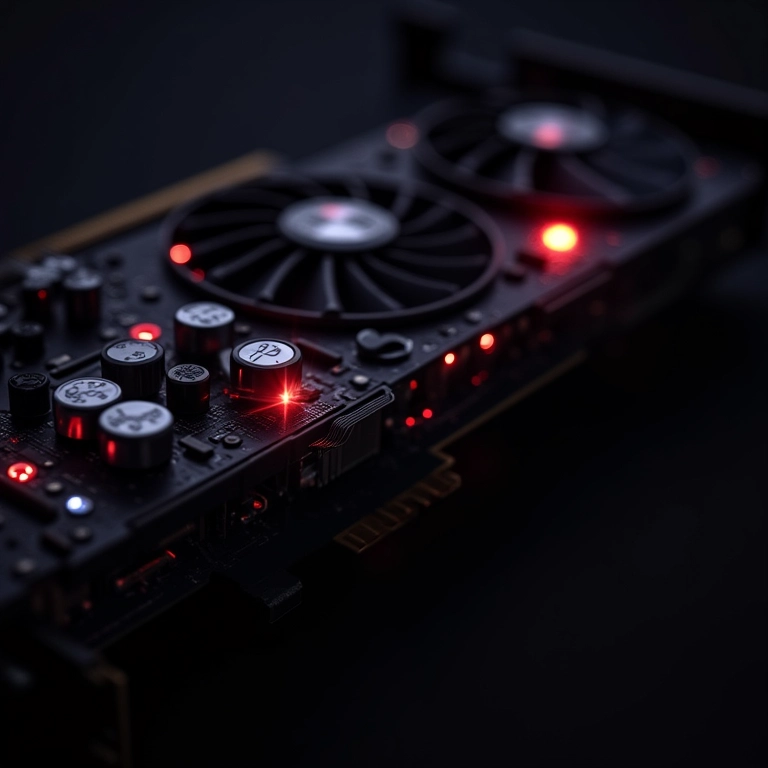 Componentes internos de uma GPU com capacitores e VRMs destacados, representando o aumento da vida útil.