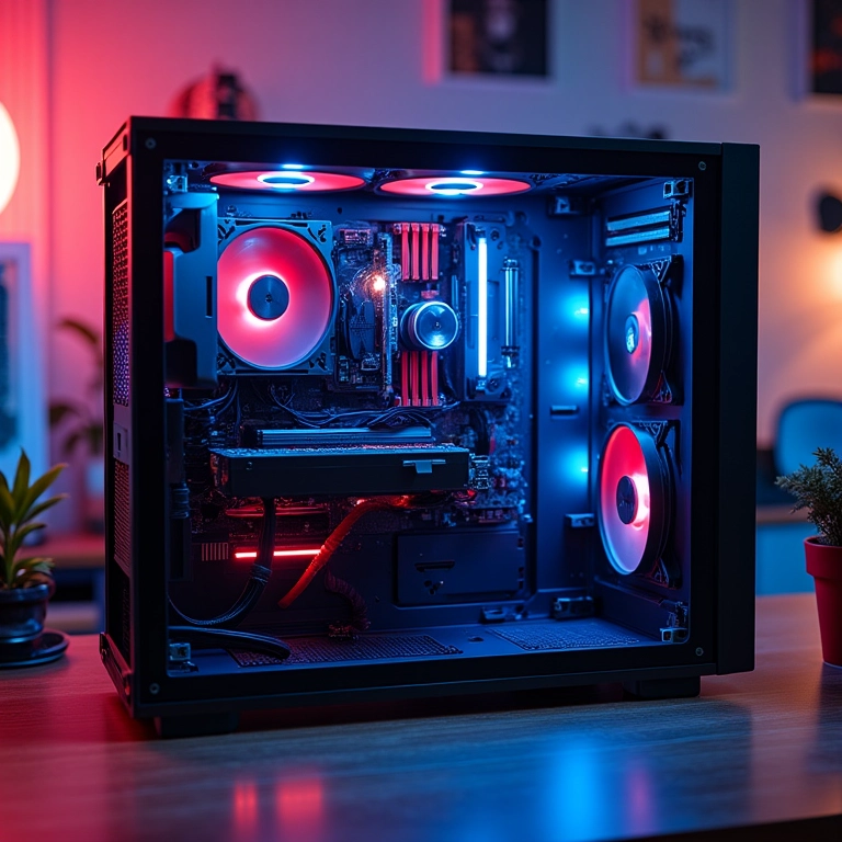 Conceito de PC modular mostrando componentes de alta tecnologia em bancada.